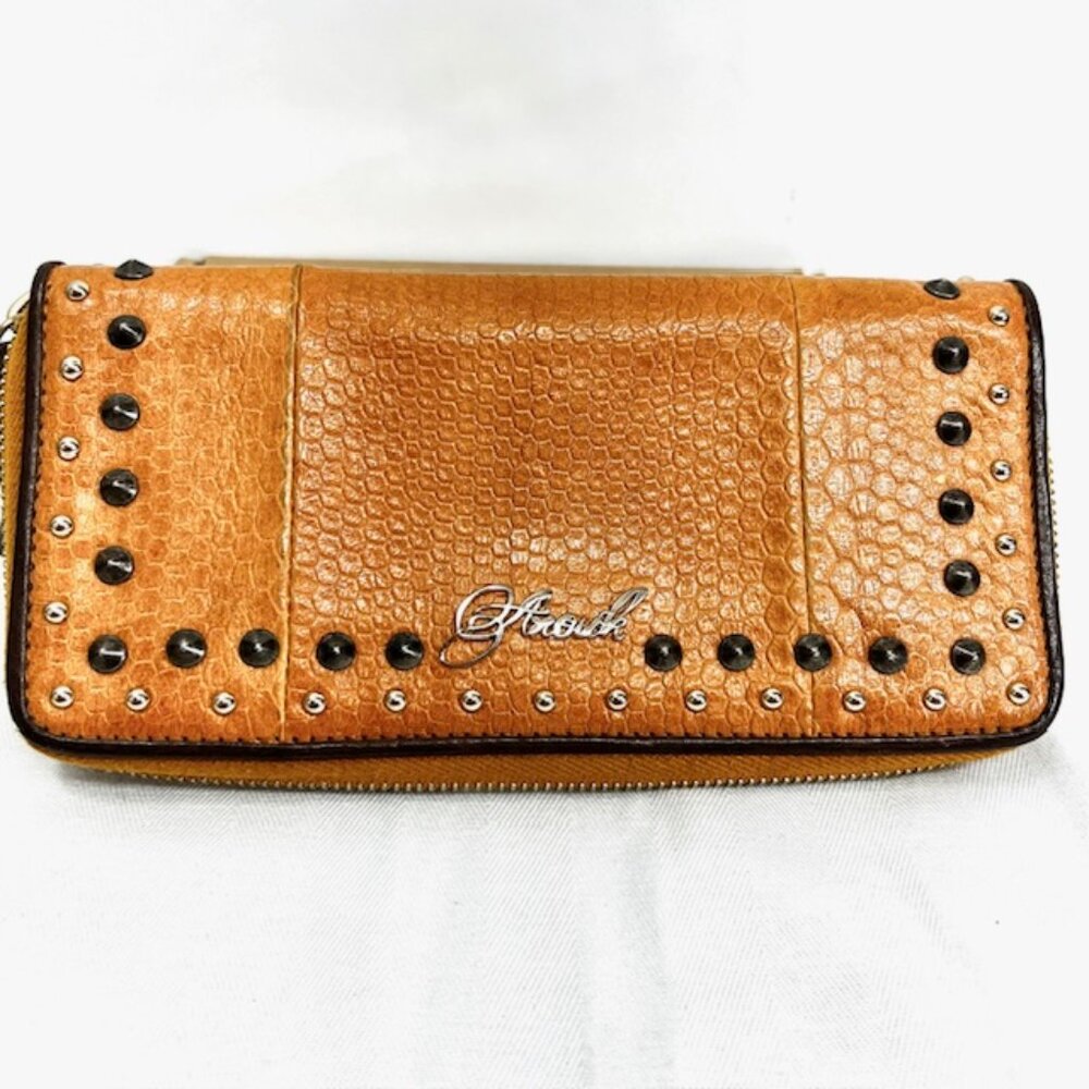 Rare! Vintage Rock Band Garock Wallet studs brown snake leather full zip( 17)